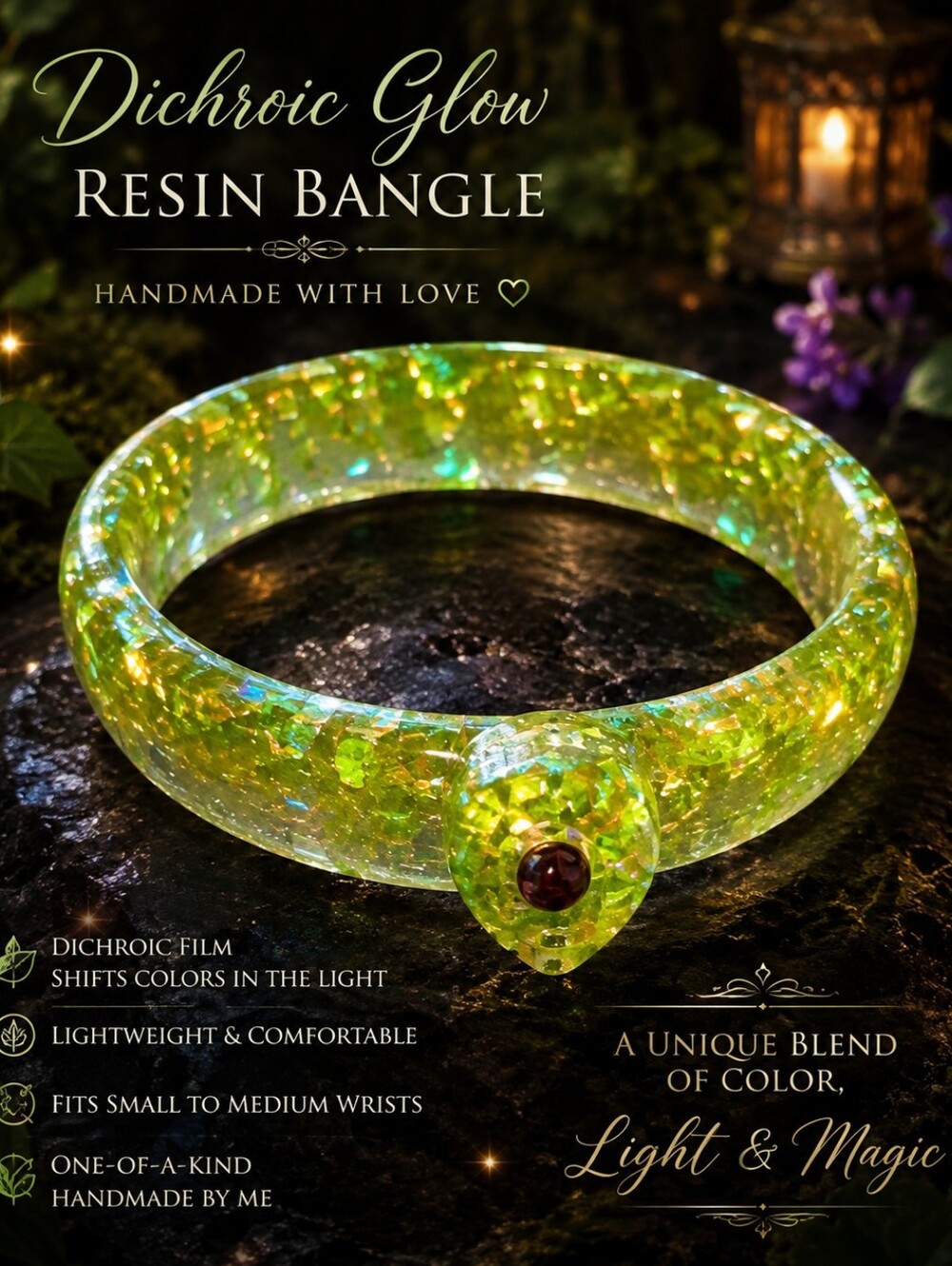 Dichroic Glow Resin Bangle Bracelet — Green